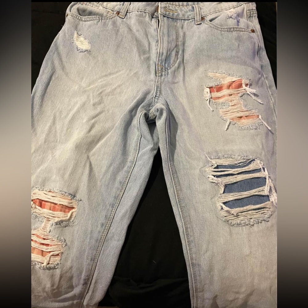 Plaid cutout patch mom jeans